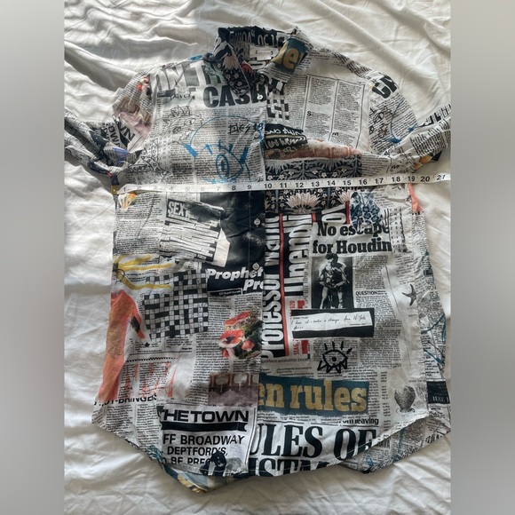 Desigual Newspaper Print Button Up Blouse – Long Sleeve Graphic Statement Top - Picture 12 of 14